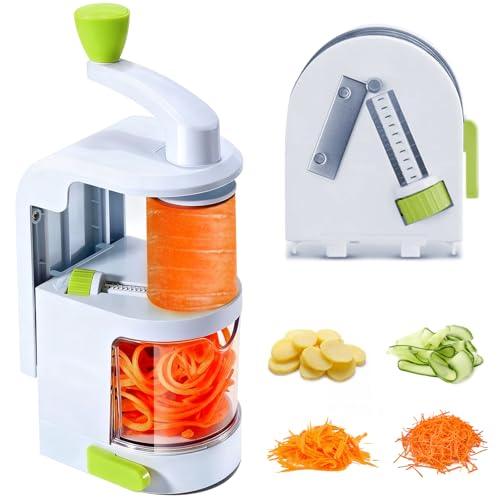 Vegetable spiralizer and slicer with attachments, spiralized carrots, sliced potatoes, and zucchini