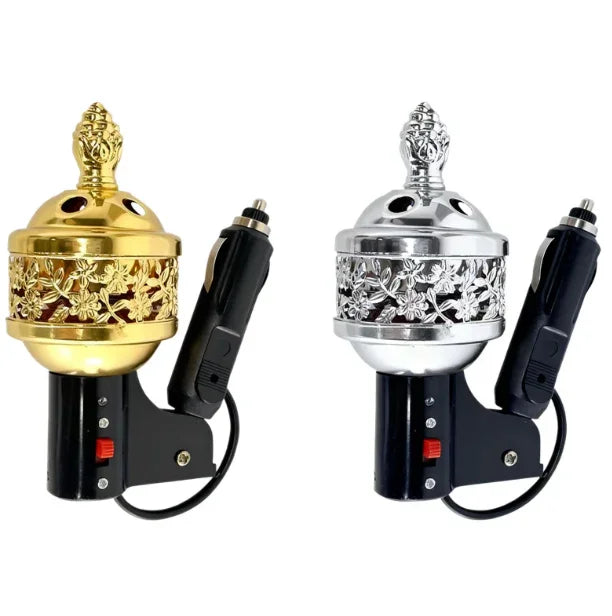Gold and silver car incense burners with floral patterns and plug-in adapters