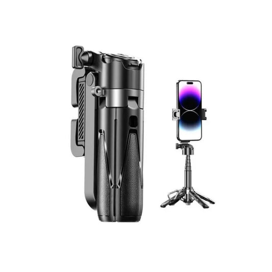 Foldable black phone tripod stand with smartphone holder, shown open and closed
