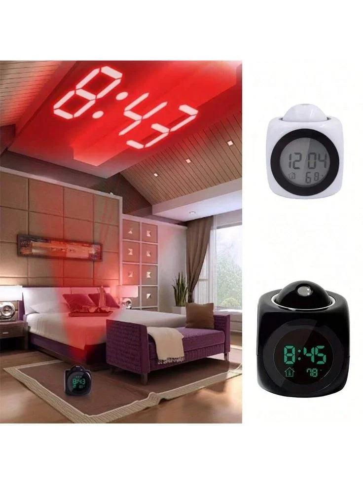 Digital projection alarm clock with LED display projecting time onto bedroom ceiling, thermometer feature
