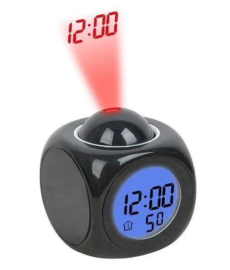 Digital projection alarm clock with blue LED display and red time projection