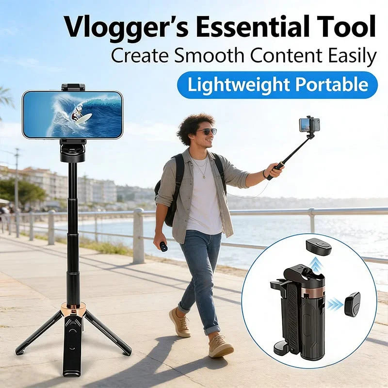 Man using selfie stick tripod for vlogging outdoors, portable phone holder in hand.