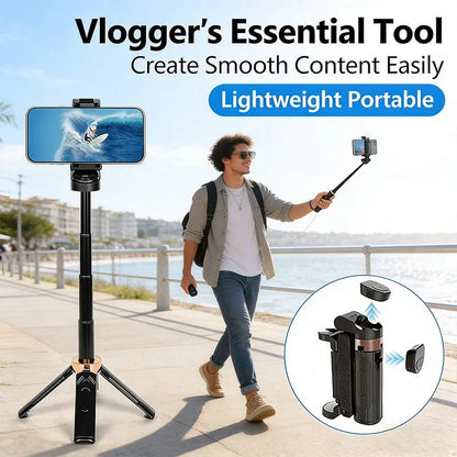 Man using selfie stick tripod for vlogging outdoors, portable phone holder in hand.