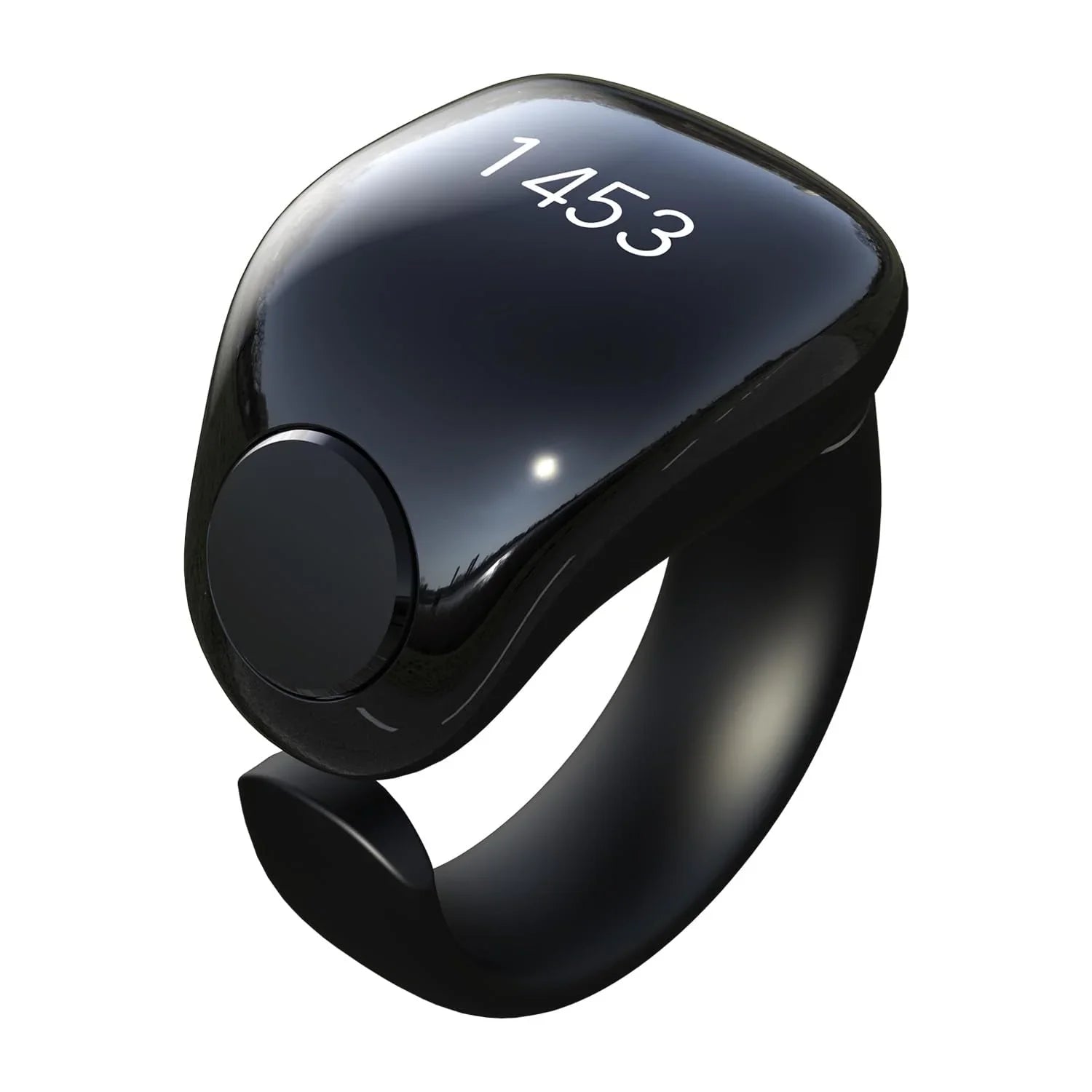 sleek black smart ring with digital display showing number 1453, wearable tech accessory