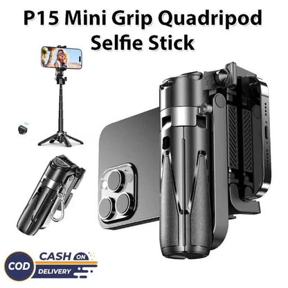 P15 mini grip quadripod selfie stick for smartphones, foldable with tripod and wireless remote