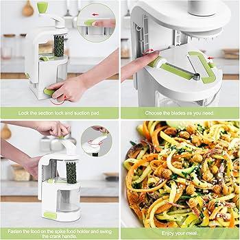 Vegetable spiralizer in use, interchangeable blades, hand crank, spiralized veggie noodles