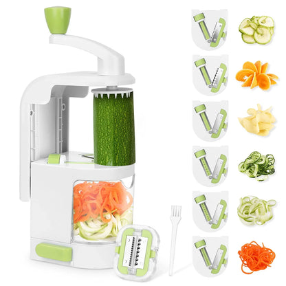 Vegetable spiralizer with zucchini, various blade attachments, and spiralized veggies shown.
