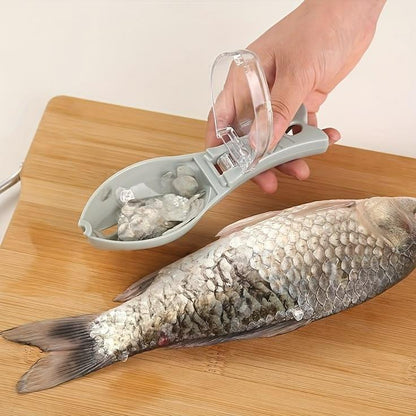 Fish scaler tool removing fish scales on cutting board