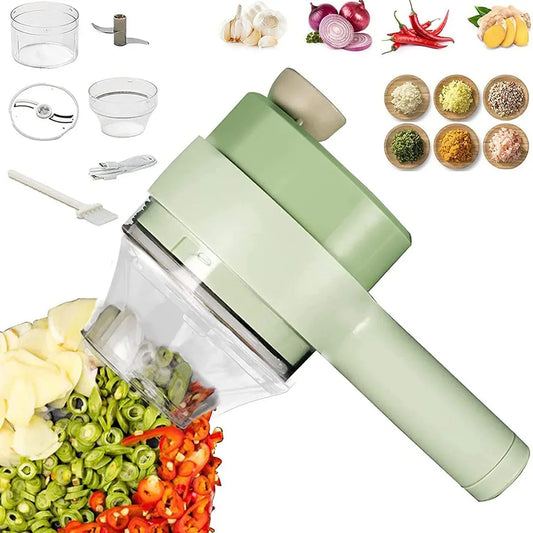 Manual vegetable chopper with sliced garlic, green beans, red chili, and accessories