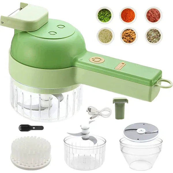 Green electric food chopper set with attachments, bowls, charging cable, spices shown