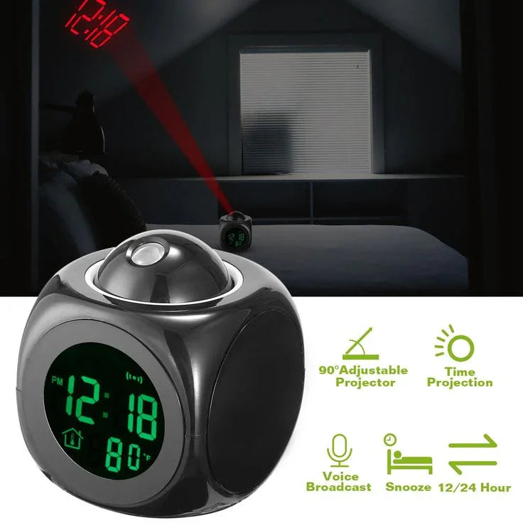 Black battery powered digital projection alarm clock with LCD display, projecting time onto wall.