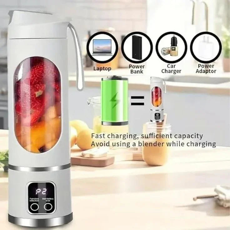 Portable mini juicer blender making smoothies with fresh fruit, USB rechargeable, fast charging.