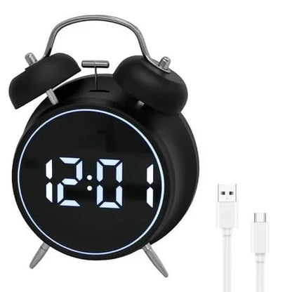 Black digital alarm clock with double bells, LED display, and USB charging cable