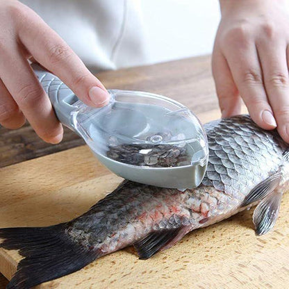 Fish scale scraper tool removing scales from a whole fish on a wooden cutting board