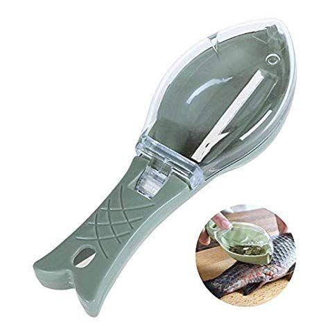 Fish scaler tool with protective cover and ergonomic handle, shown peeling fish scales