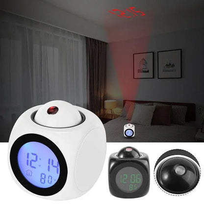 Multifunctional LED projection alarm clock displaying time, projecting red time onto bedroom ceiling.