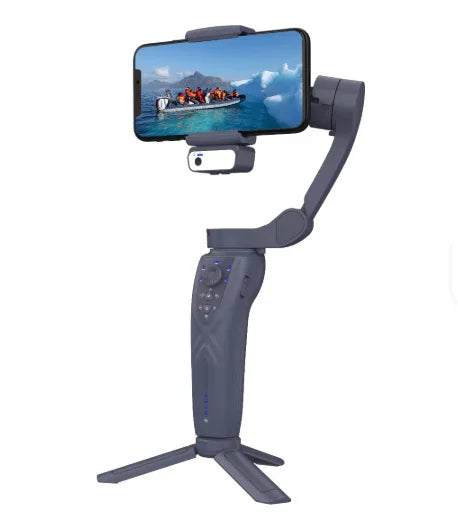 Smartphone gimbal stabilizer with tripod base and phone mounted, ideal for video recording.