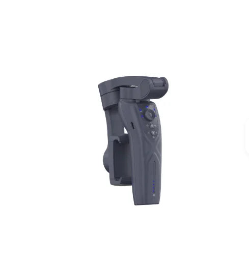 Folded black handheld smartphone gimbal stabilizer with control buttons on white background