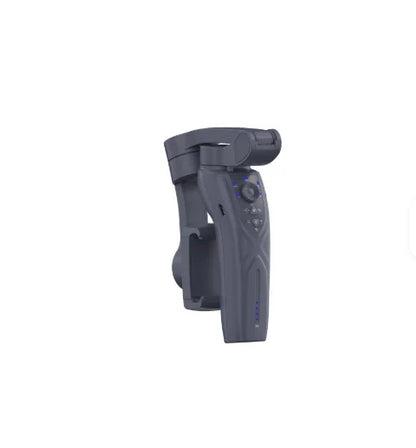 Folded black handheld smartphone gimbal stabilizer with control buttons on white background