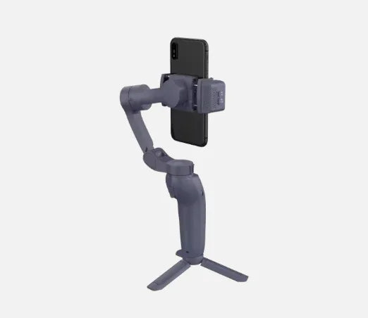 Portable smartphone gimbal stabilizer with tripod, gray, holding a black smartphone