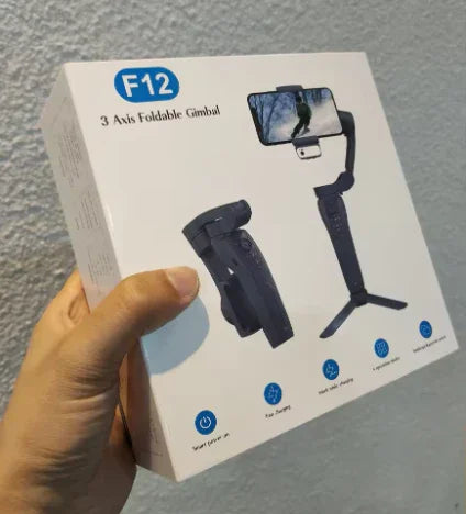 Hand holding F12 3-axis foldable gimbal box with product image and feature icons