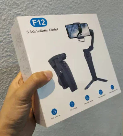 Hand holding F12 3-axis foldable gimbal box with product image and feature icons