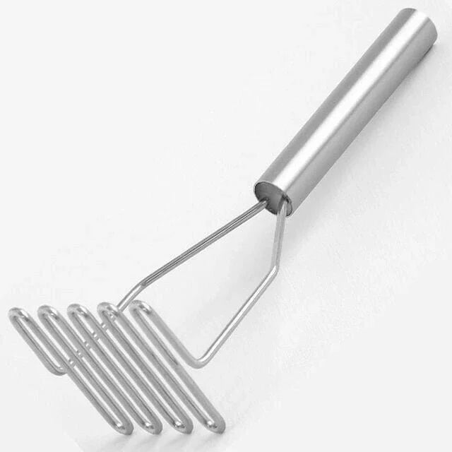 Stainless steel potato masher with ergonomic handle, kitchen utensil on white background