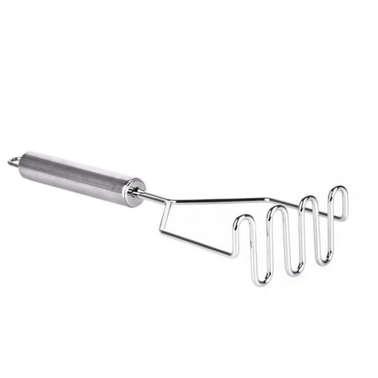 Stainless steel potato masher kitchen tool with ergonomic handle on white background