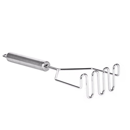 Stainless steel potato masher kitchen tool with ergonomic handle on white background