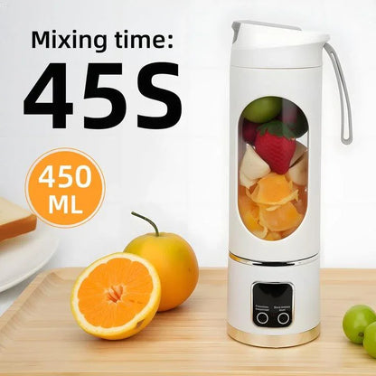 Portable blender with fruit, orange, and apple on table, 450ml, 45-second mixing time
