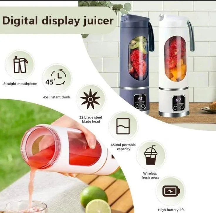 Digital display juicer with fruit, portable blender, features icons, 450ml capacity