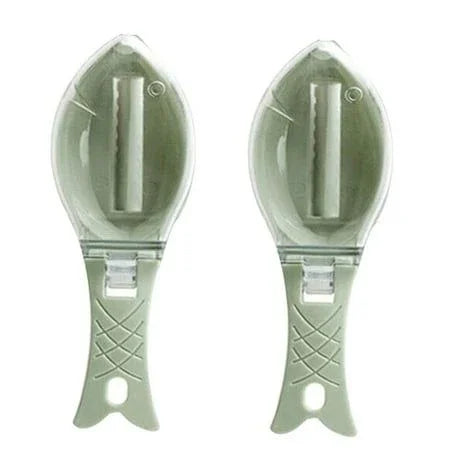 Green fish-shaped plastic fish scale remover kitchen cleaning tool with grater blade