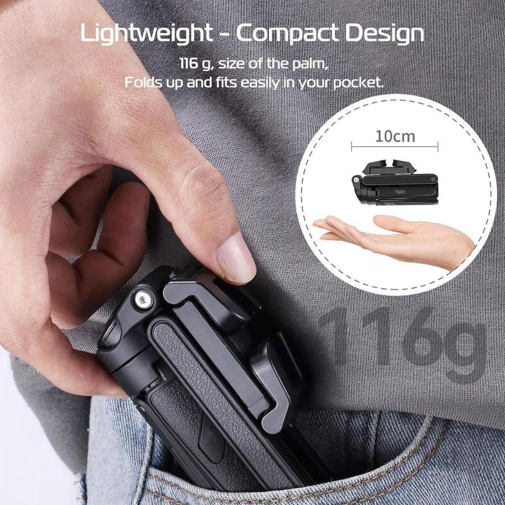 Compact black folding tool fits in pocket, lightweight 116g, palm-sized, 10cm long.