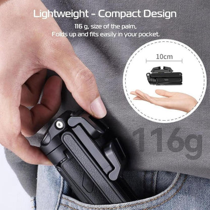Compact black folding tool fits in pocket, lightweight 116g, palm-sized, 10cm long.