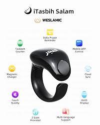 Black digital tasbih ring with touch display, prayer reminder, app connectivity, and OLED display.