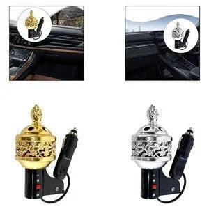 Gold and silver car air freshener diffusers with plug-in design on display